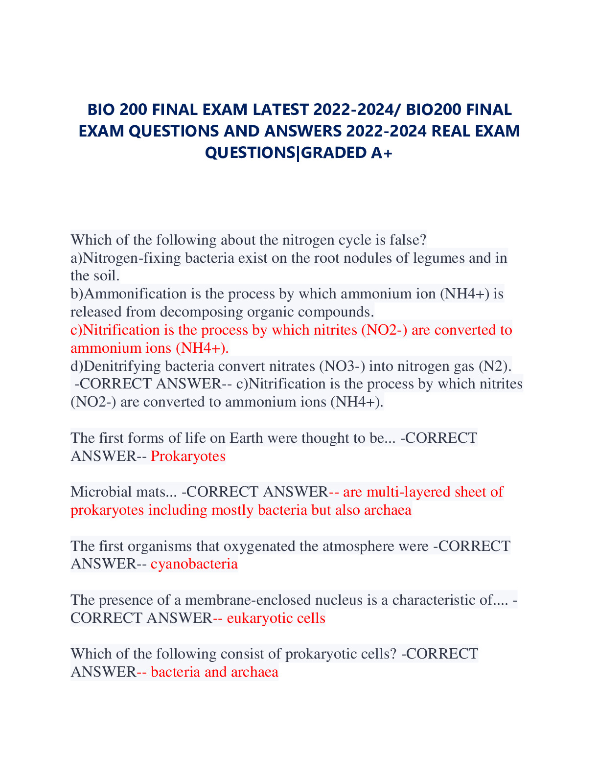 BIO 200 FINAL EXAM LATEST 2022 2024 BIO200 FINAL EXAM QUESTIONS AND