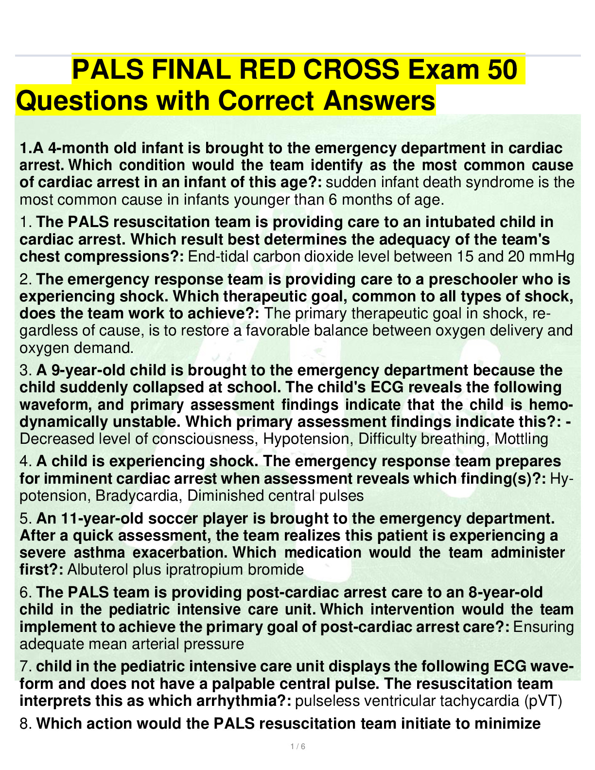 PALS FINAL RED CROSS Exam 50 Questions With Correct Answers DocMerit