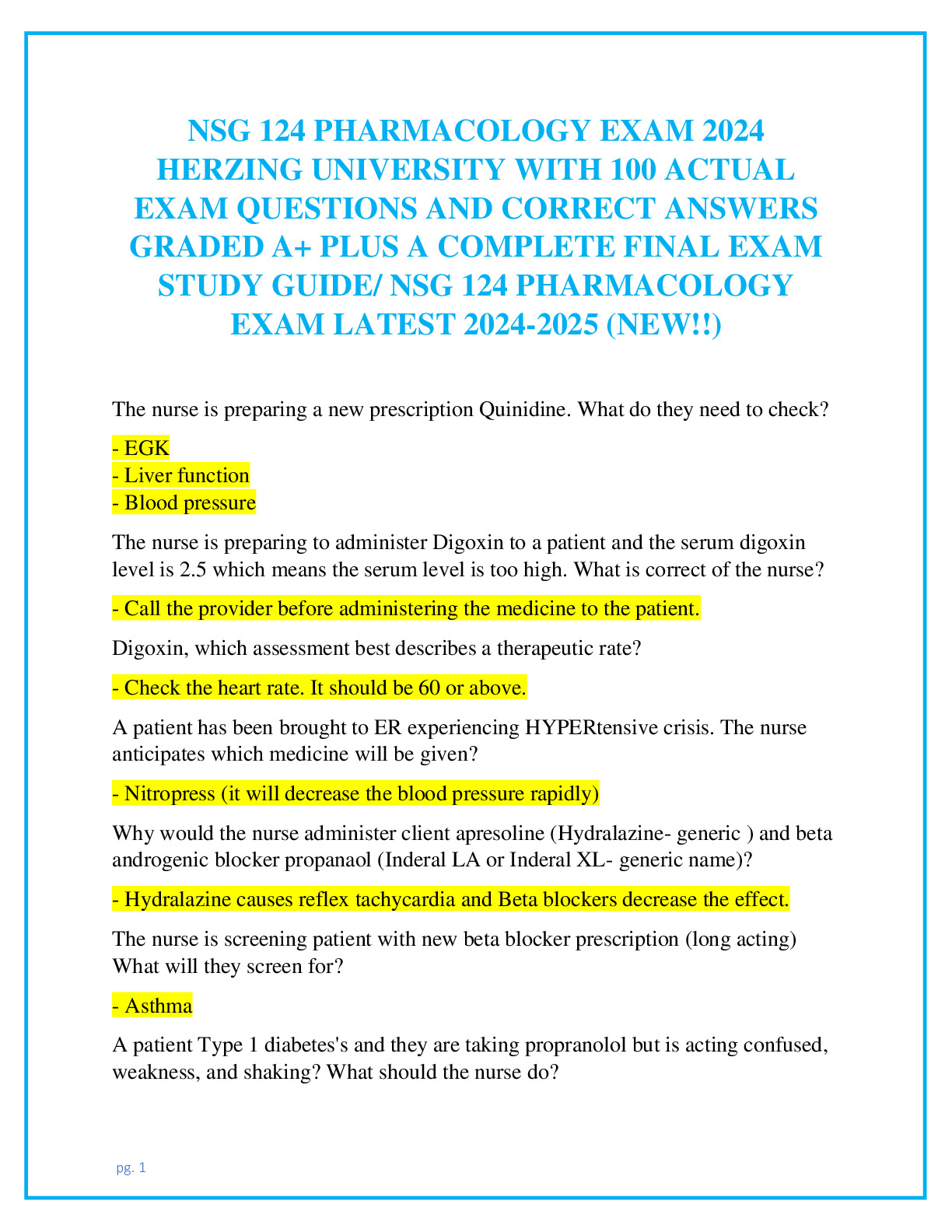 NSG 124 Pharmacology Study Test Plan 2023 DocMerit