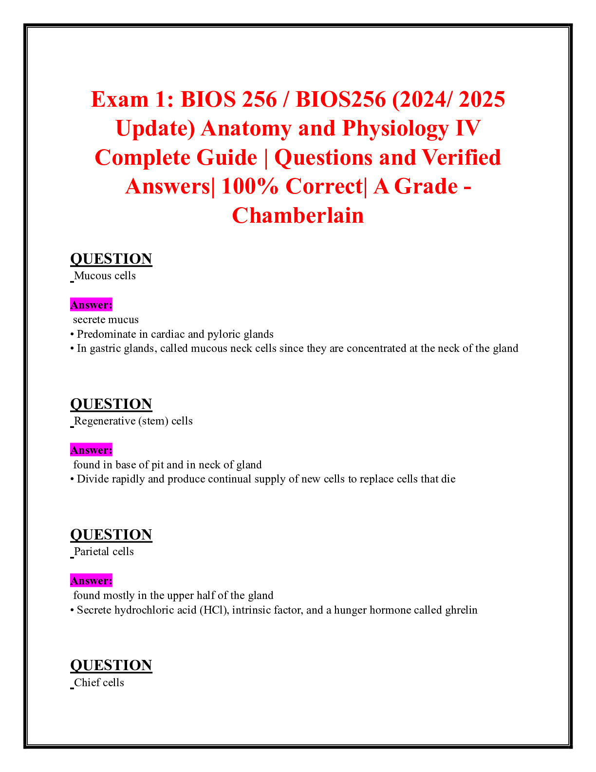 Exam 1 BIOS 256 BIOS256 2024 2025 Update Anatomy And Physiology