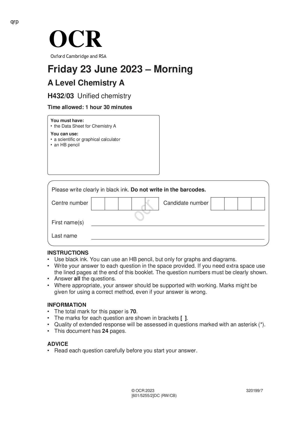 OCR A Level Chemistry A PAPER 1 2 3 JUNE 2023 QUESTION PAPERS AND