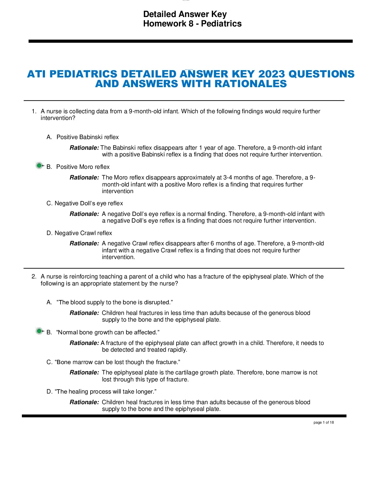 ATI PEDIATRICS DETAILED ANSWER KEY 2023 QUESTIONS AND ANSWERS WITH ...