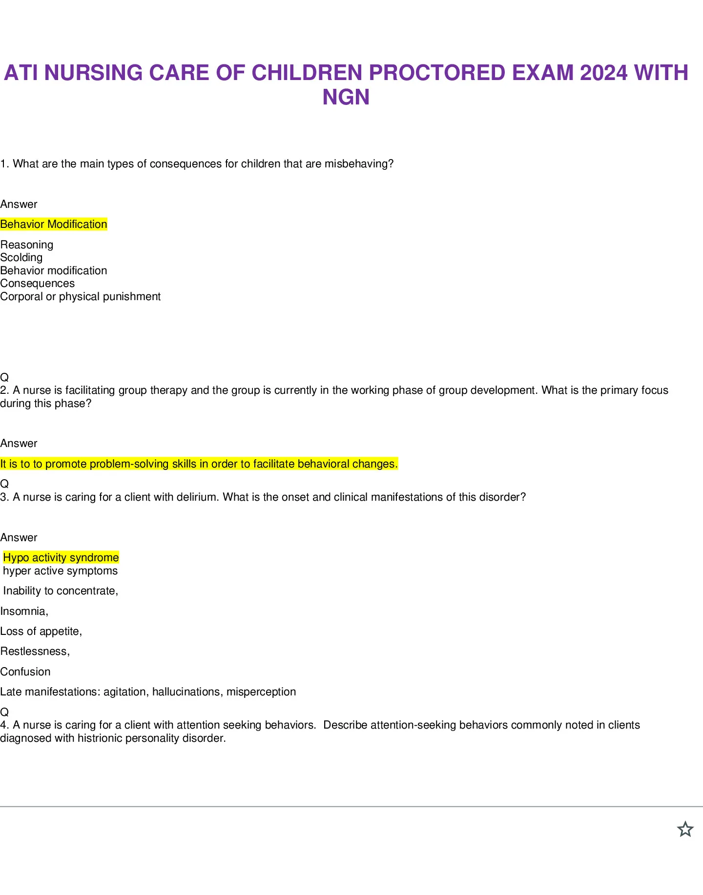 ATI NURSING CARE OF CHILDREN PROCTORED EXAM 2024 WITH NGN (100% CORRECT ...