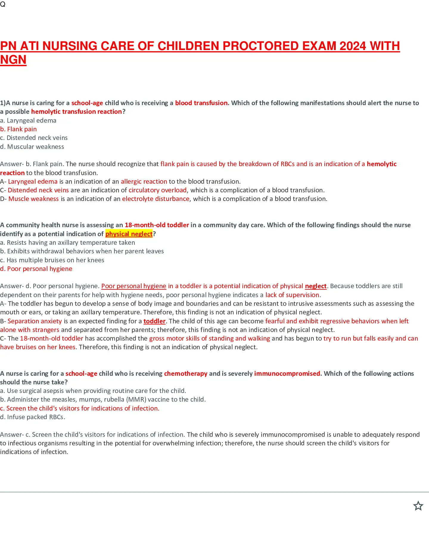 PN ATI NURSING CARE OF CHILDREN PROCTORED EXAM 2024 WITH NGN - DocMerit