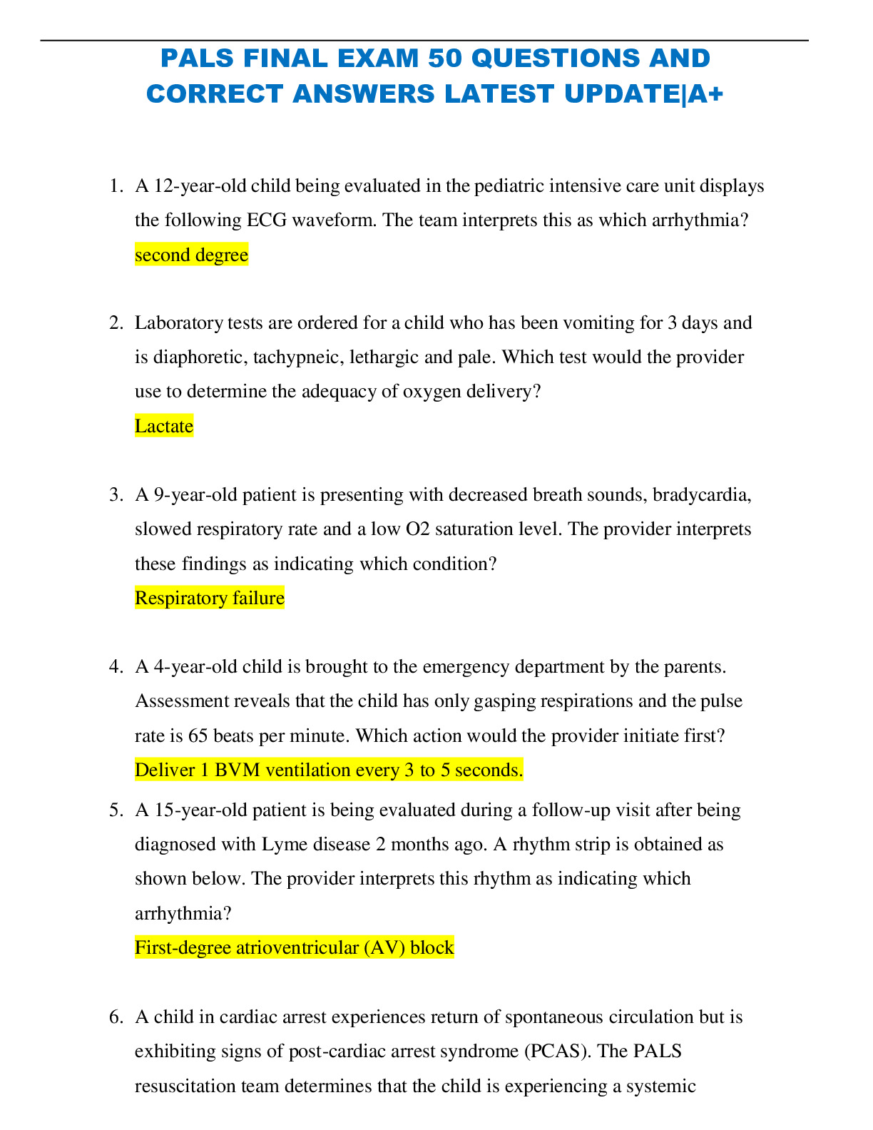 Bundle Pals Final Exam Pals Post Test Exam Pediatric Advanced Life Support Pals Questions Bundle Pals Final Exam Pals Post Test Exam Pediatric Advanced Life Support Pals Questions