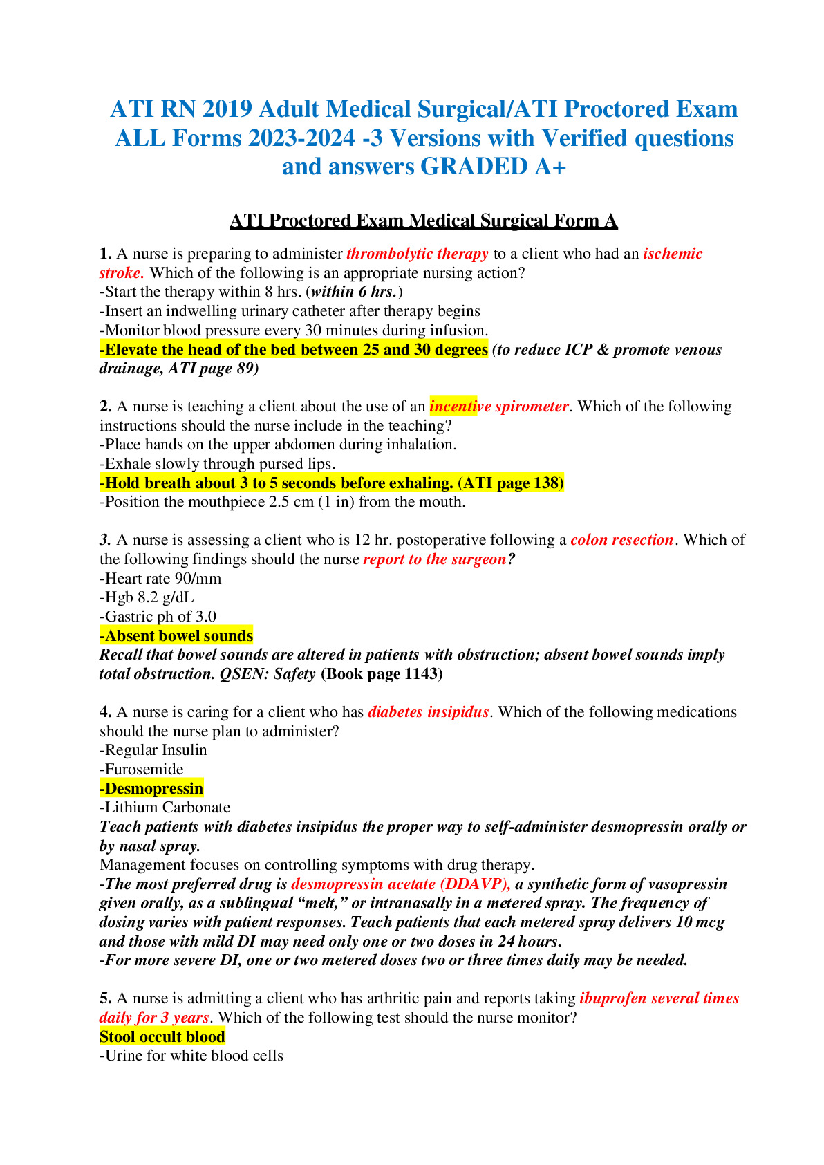 ATI RN 2019 Adult Medical Surgical/ATI Proctored Exam ALL Forms 20232024 3 Versions with