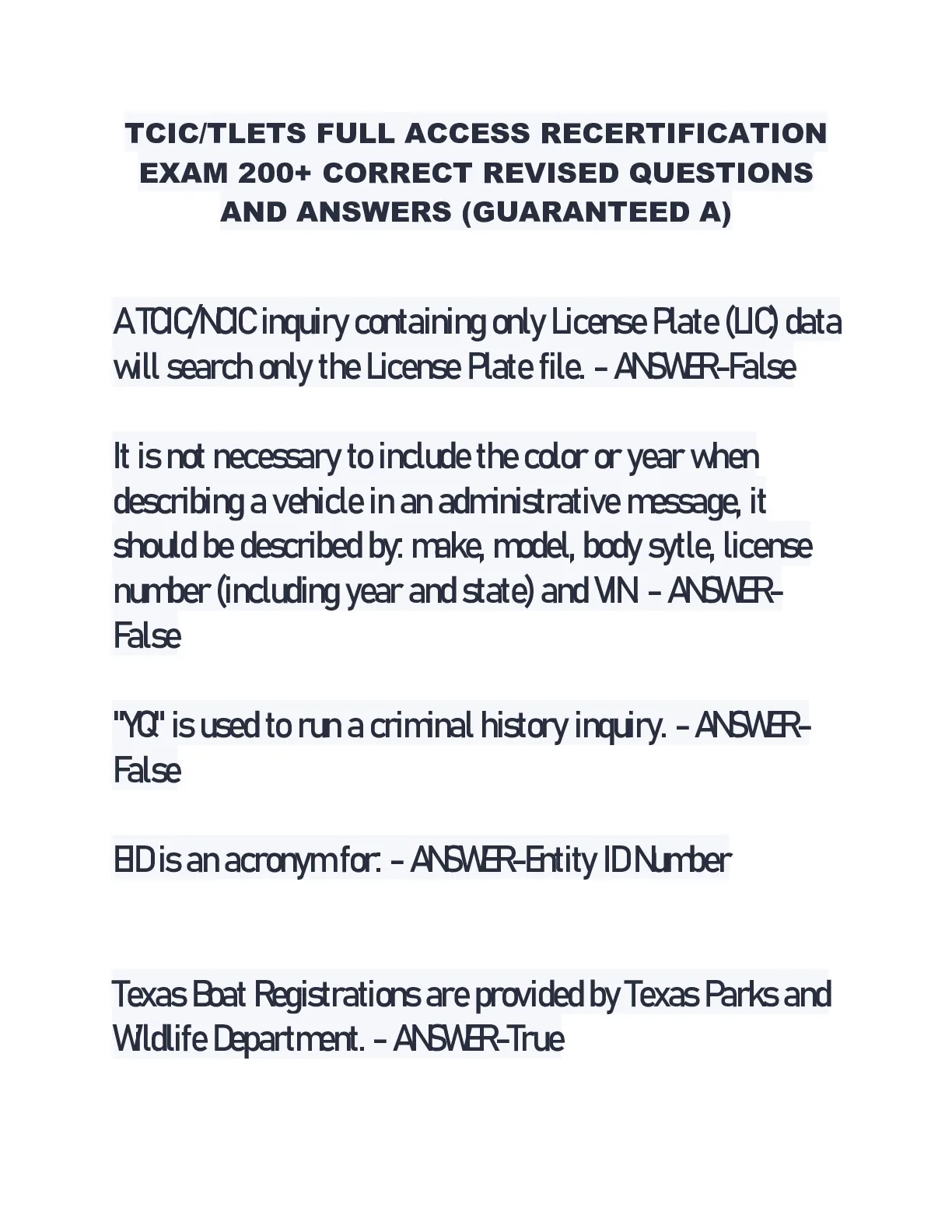 TCIC/TLETS FULL ACCESS RECERTIFICATION EXAM 200+ CORRECT REVISED ...