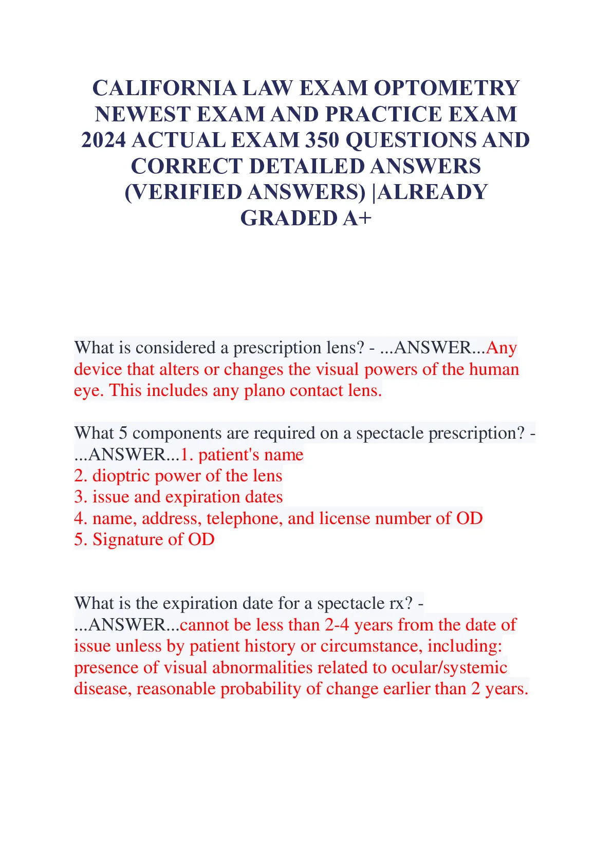 CALIFORNIA LAW EXAM OPTOMETRY NEWEST EXAM AND PRACTICE EXAM 2024 ACTUAL ...