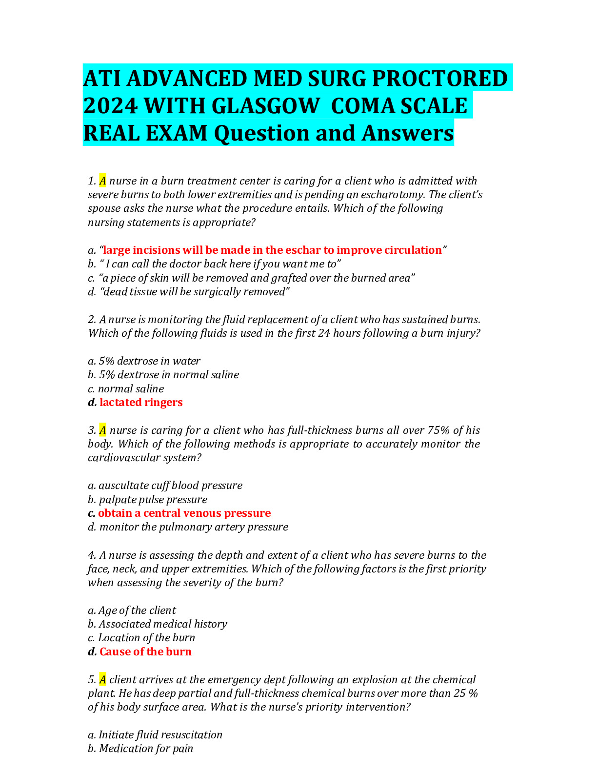 ATI ADVANCED MED SURG PROCTORED 2024 WITH GLASGOW COMA SCALE REAL EXAM