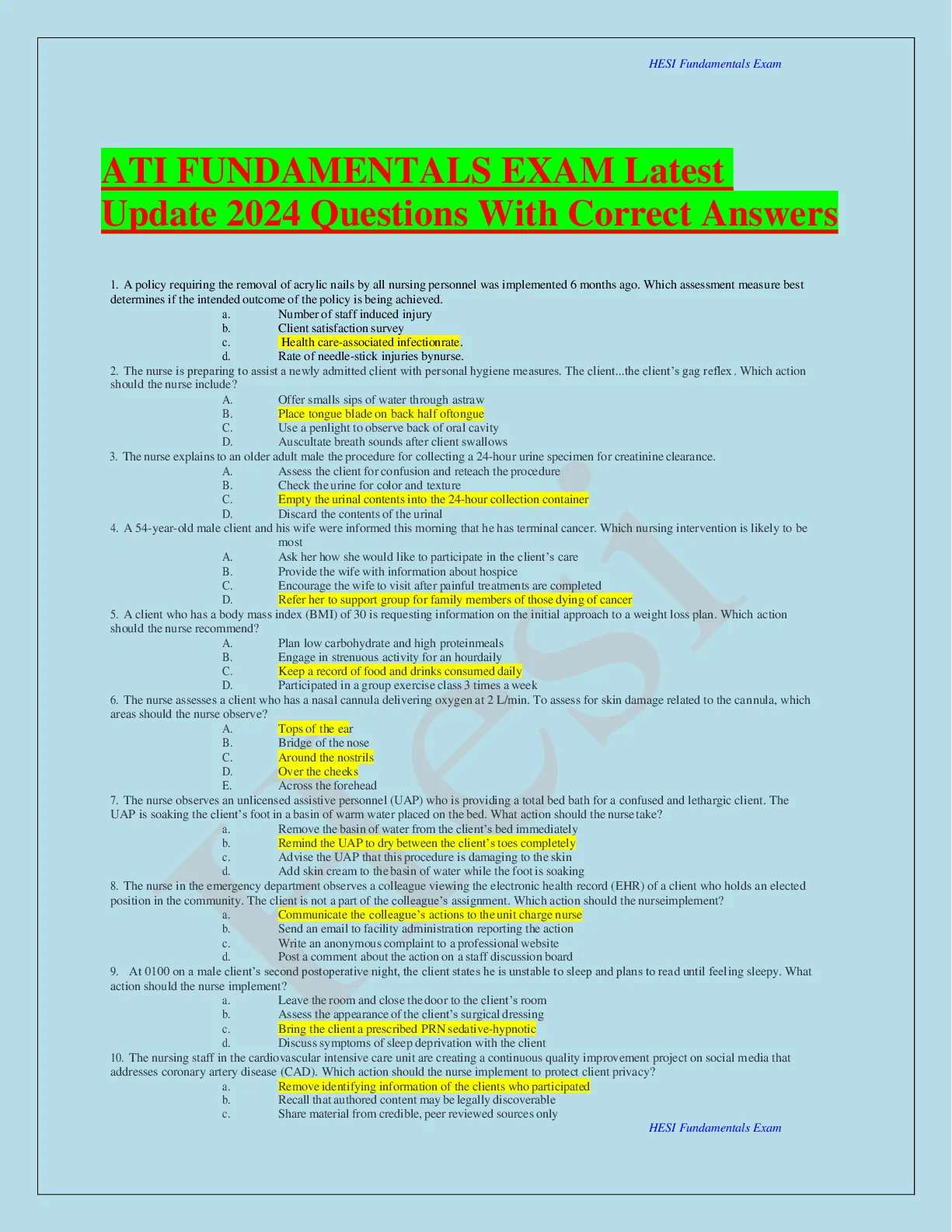 ATI FUNDAMENTALS EXAM Latest Update 2024 Questions With Correct Answers ...