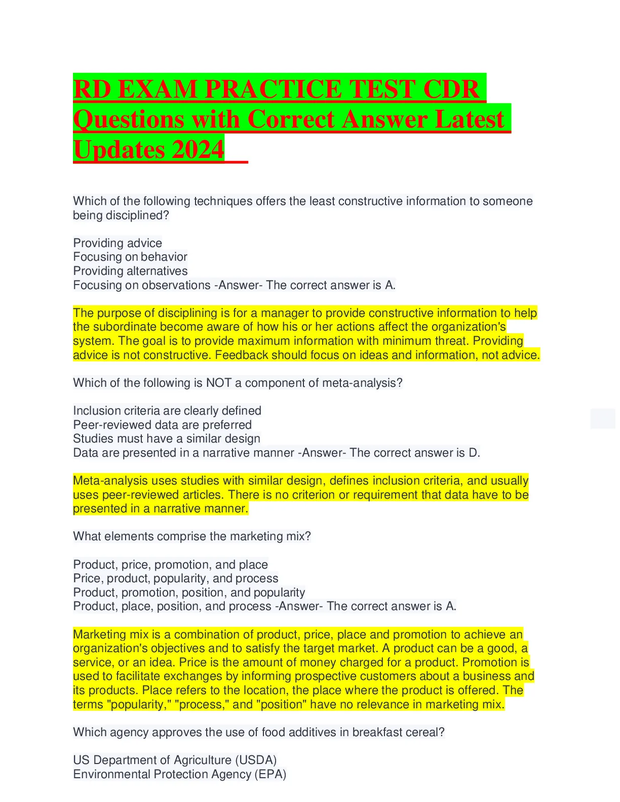 RD EXAM PRACTICE TEST CDR Questions with Correct Answer Latest Updates ...