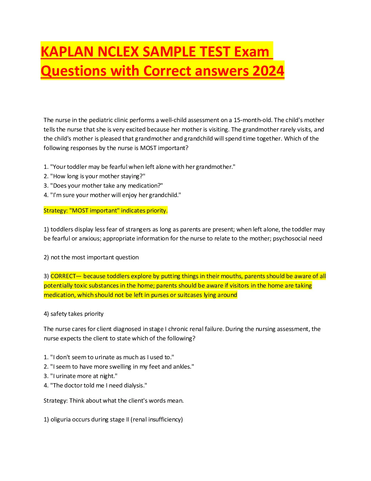 KAPLAN NCLEX SAMPLE TEST Exam Questions with Correct answers 2024.pdf ...