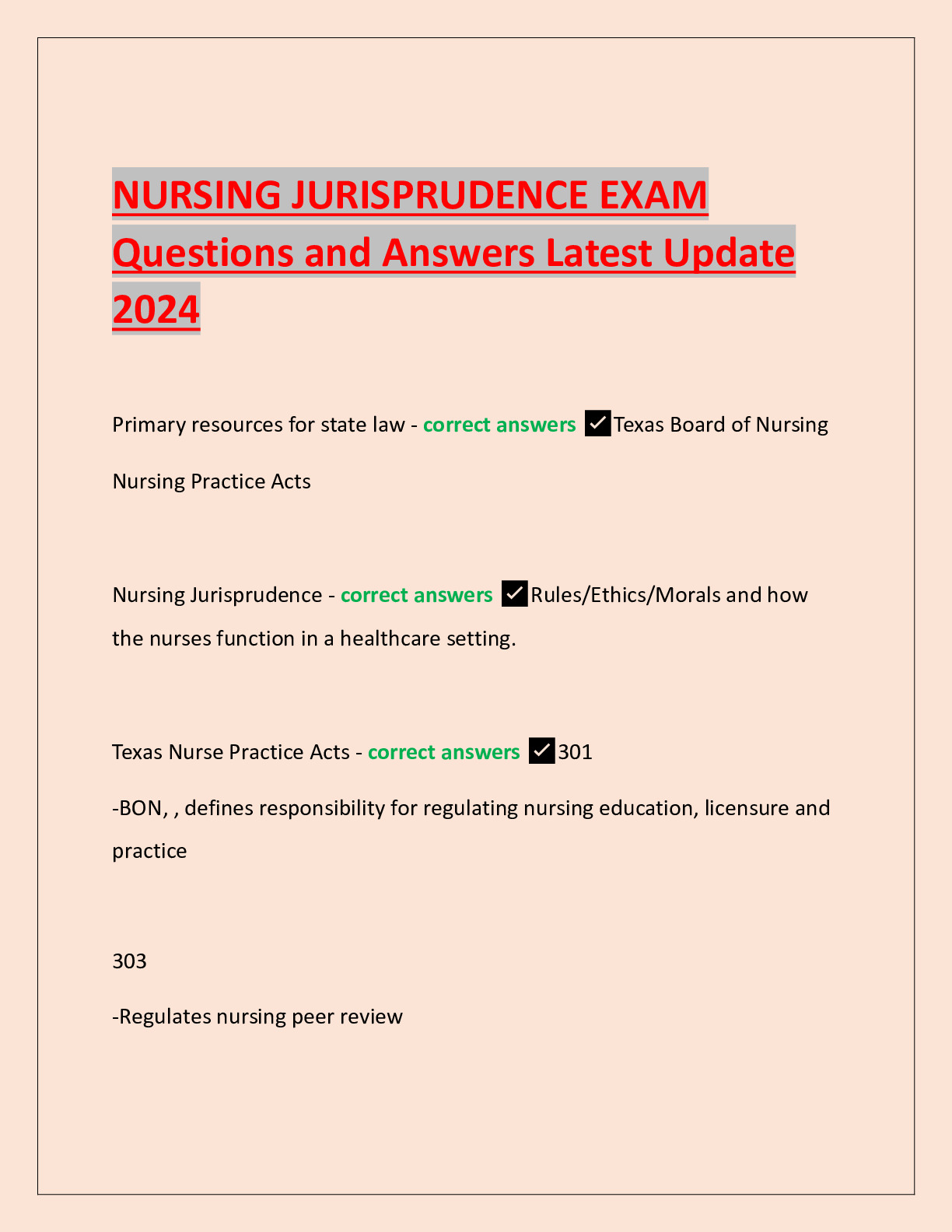 Nursing Jurisprudence Exam Questions And Answers Latest Update 2024 