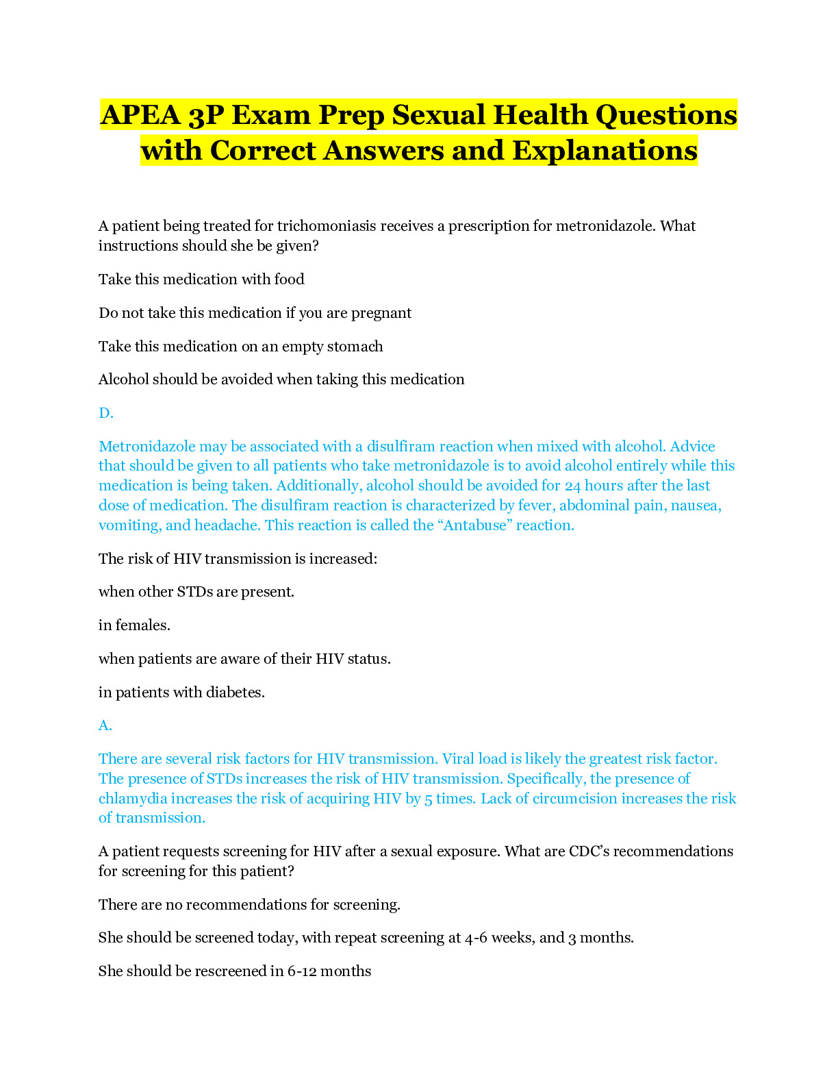 APEA 3P Exam Prep Sexual Health Questions with Correct Answers and