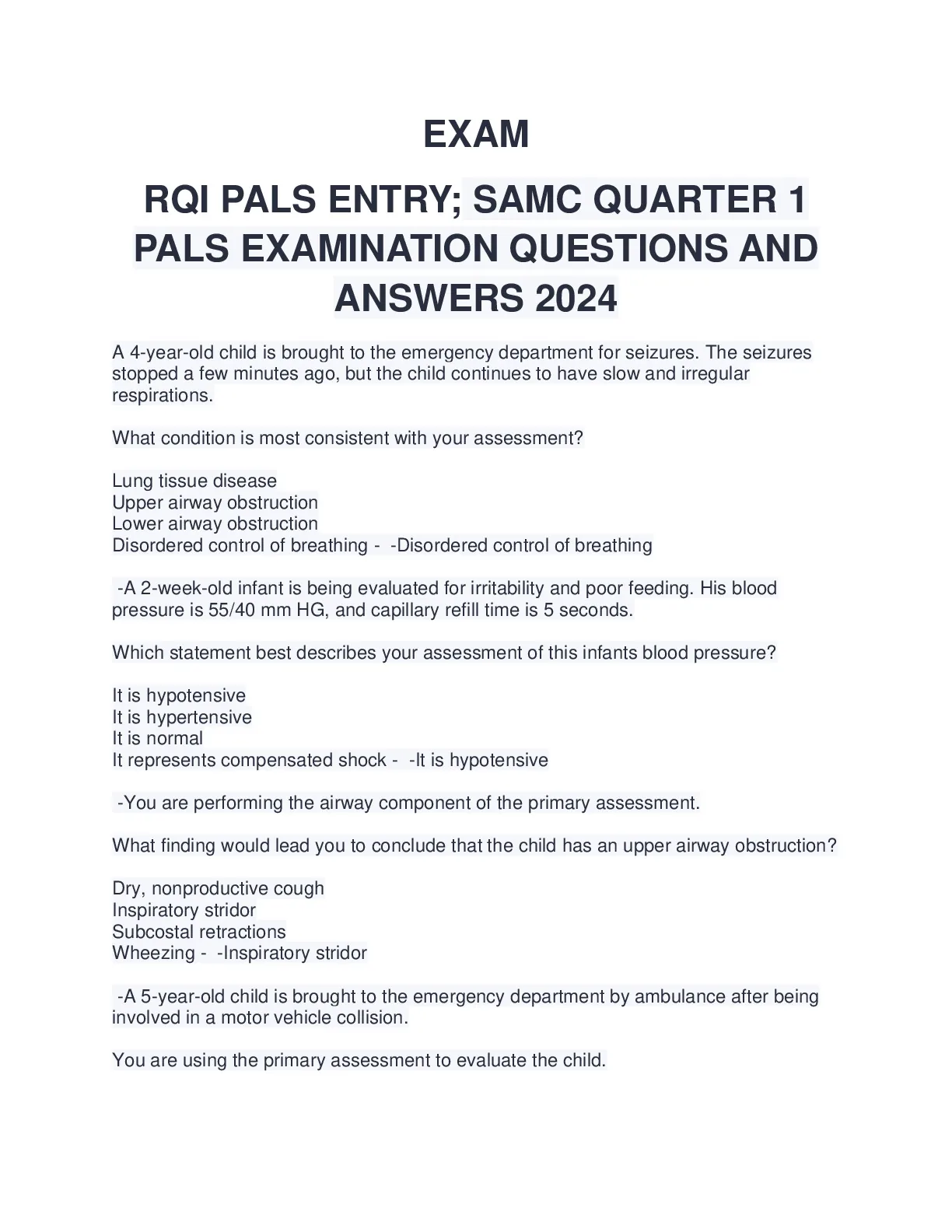 EXAM RQI PALS ENTRY; SAMC QUARTER 1 PALS EXAMINATION QUESTIONS AND ...