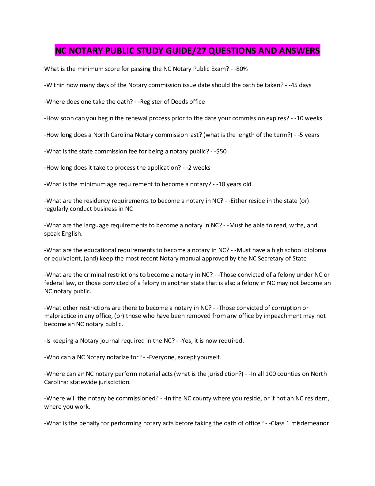 NC NOTARY PUBLIC STUDY GUIDE/27 QUESTIONS AND ANSWERS - DocMerit