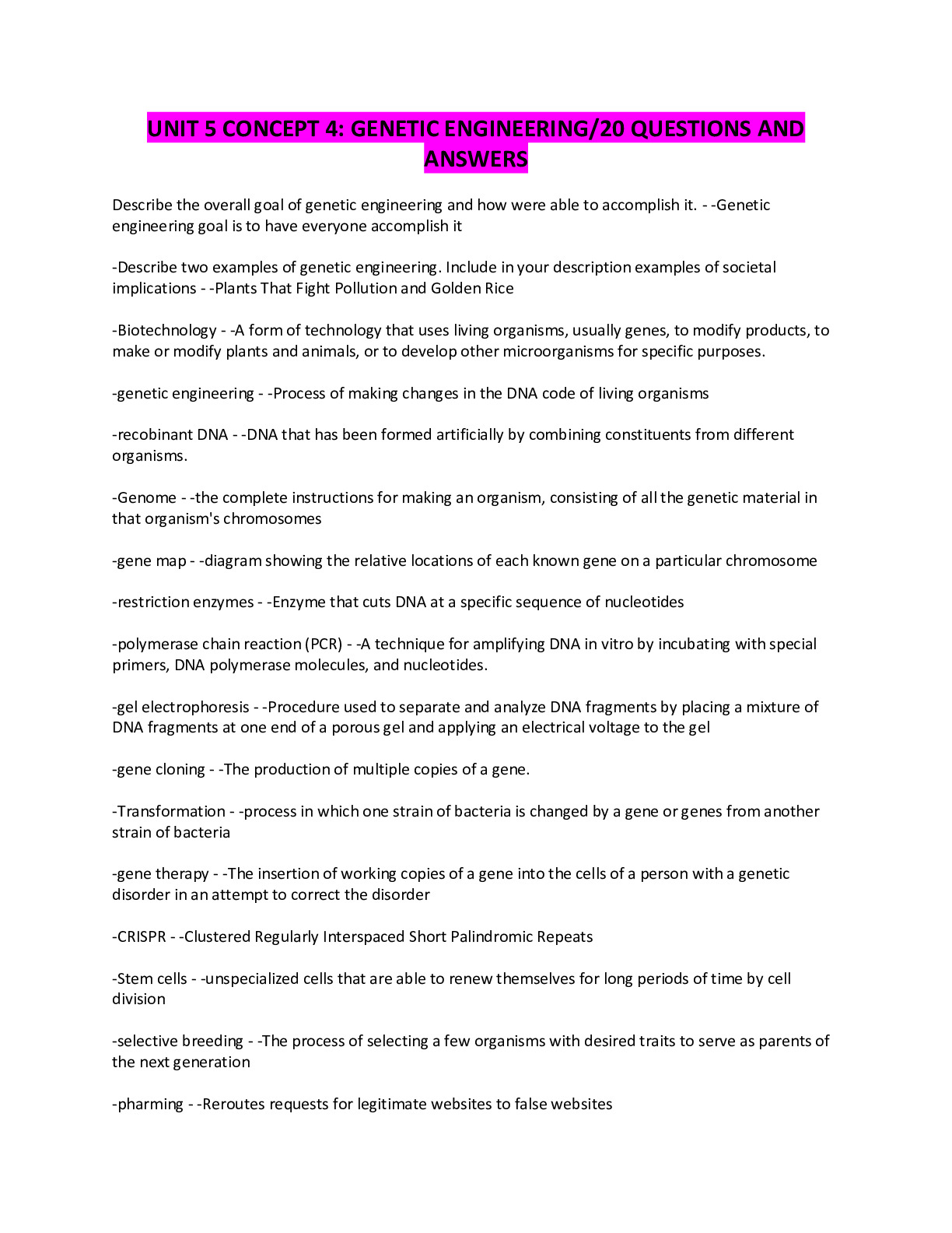 UNIT 5 CONCEPT 4: GENETIC ENGINEERING/20 QUESTIONS AND ANSWERS 