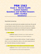 PRN 1562 Exam 1  Mental Health  (Latest Update) Questions and Verified Answers (100% Verified