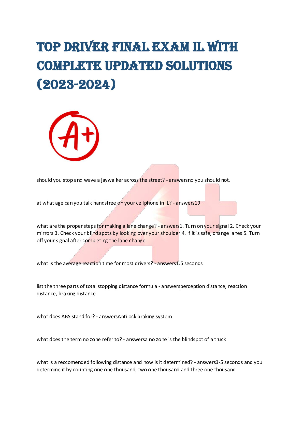 top driver final exam IL with  complete updated solutions  (2023-2024)