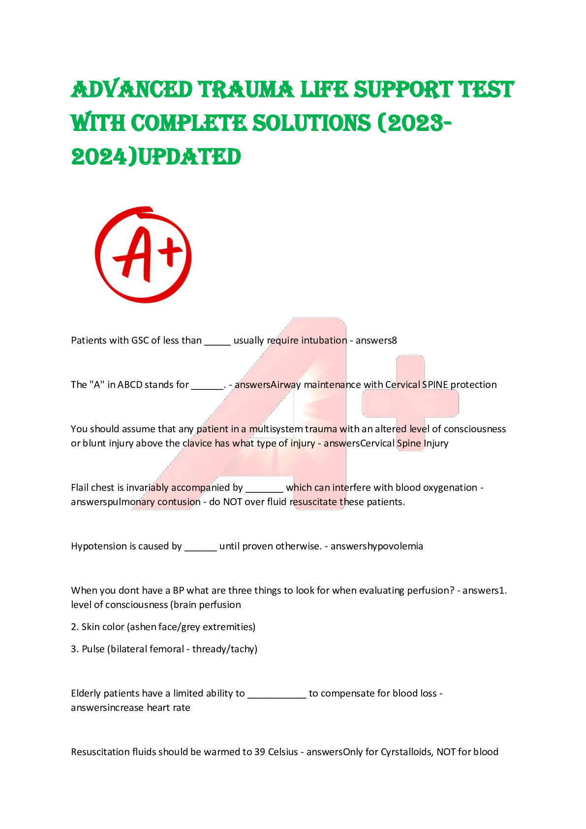 ADVANCED TRAUMA LIFE SUPPORT TEST WITH COMPLETE SOLUTIONS (2023- 2024 ...