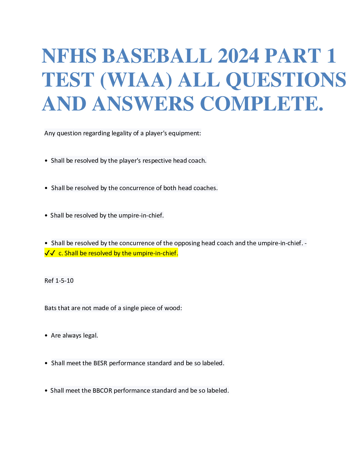 NFHS BASEBALL 2024 PART 1 TEST (WIAA) ALL QUESTIONS AND ANSWERS ...