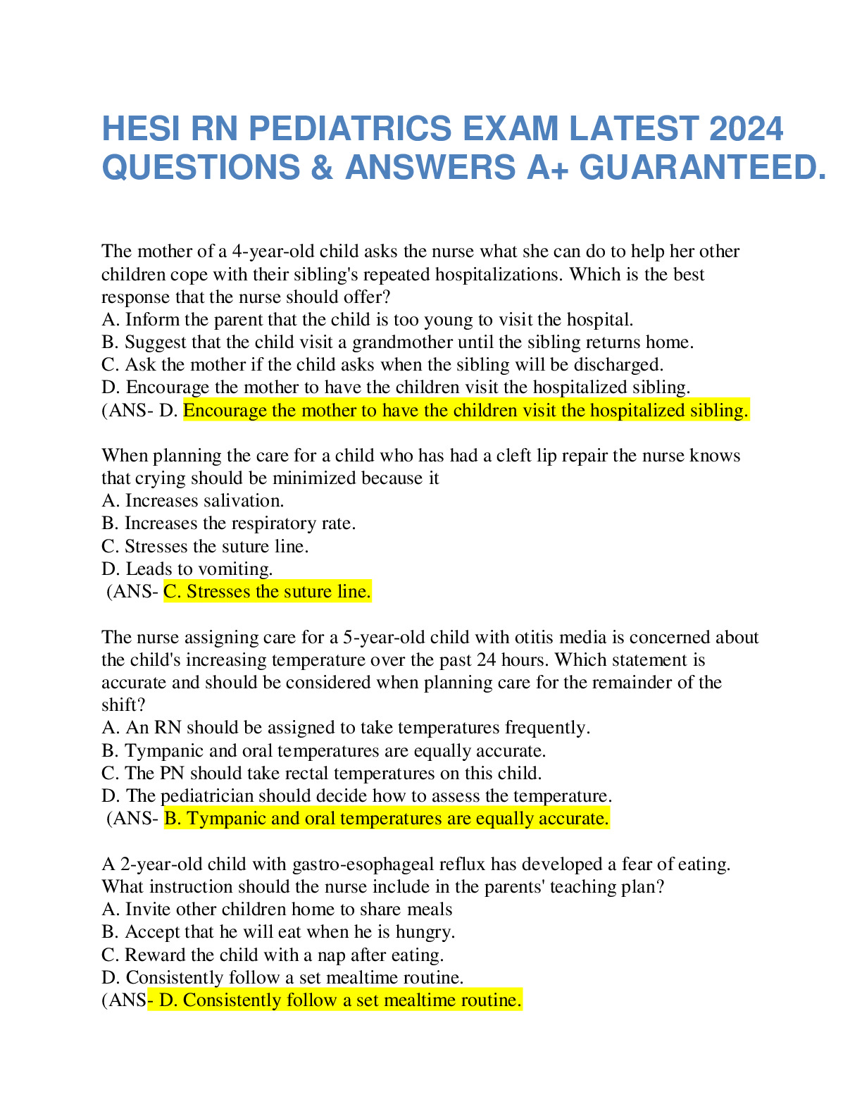 HESI RN PEDIATRICS EXAM LATEST 2024 QUESTIONS & ANSWERS A+ GUARANTEED.