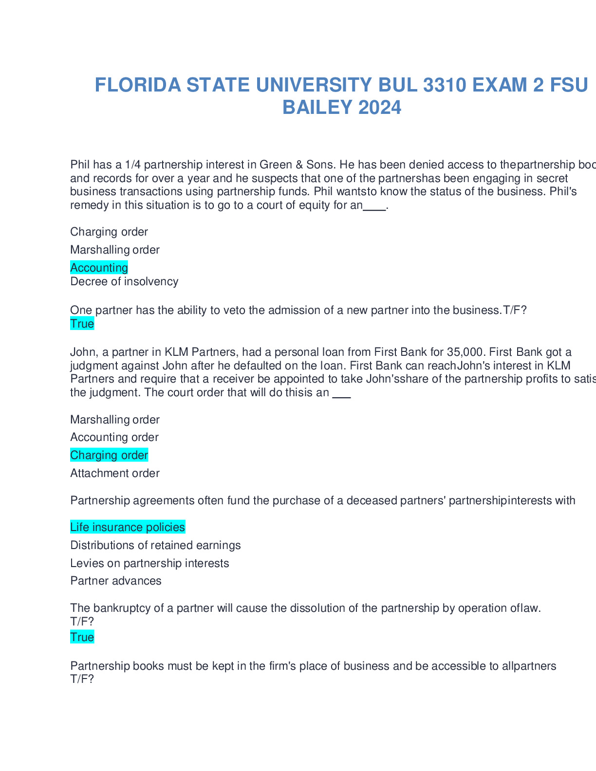 FLORIDA STATE UNIVERSITY BUL 3310 EXAM 2 FSU BAILEY 2024 - DocMerit
