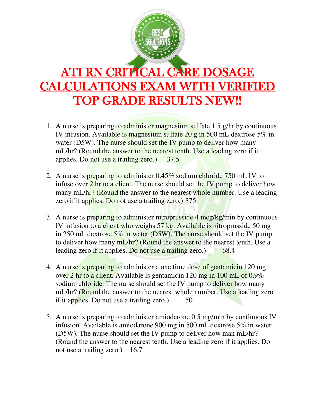 Ati Rn Critical Care Dosage Calculations Exam With Verified Top Grade Results New Docmerit