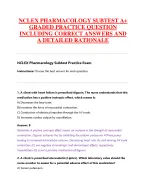 NCLEX PHARMACOLOGY SUBTEST A+  GRADED PRACTICE QUESTION  INCLUDING CORRECT ANSWERS AND  A DETAILED
