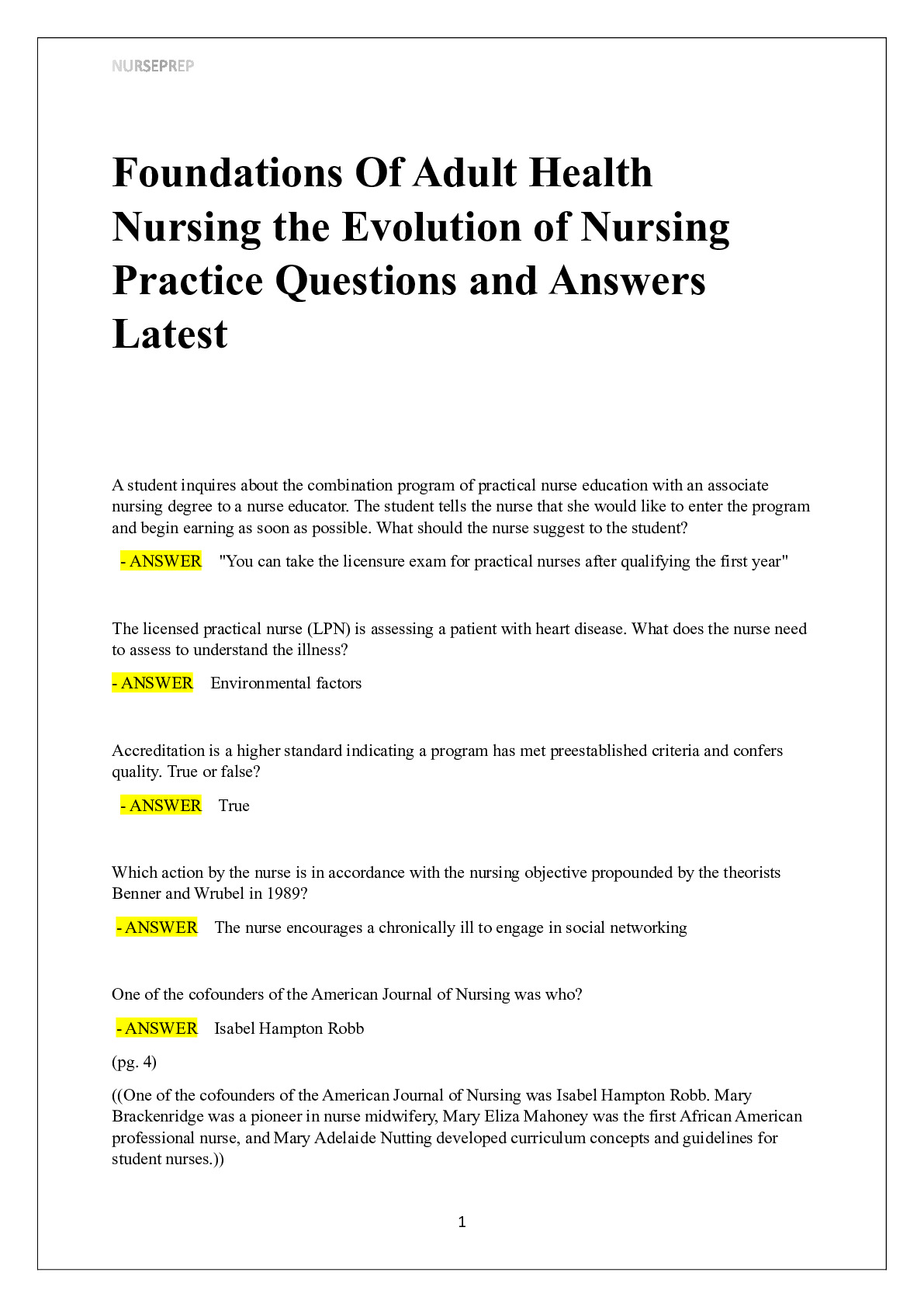 Foundation of adult health nursing the evolution of nursing latest and verified