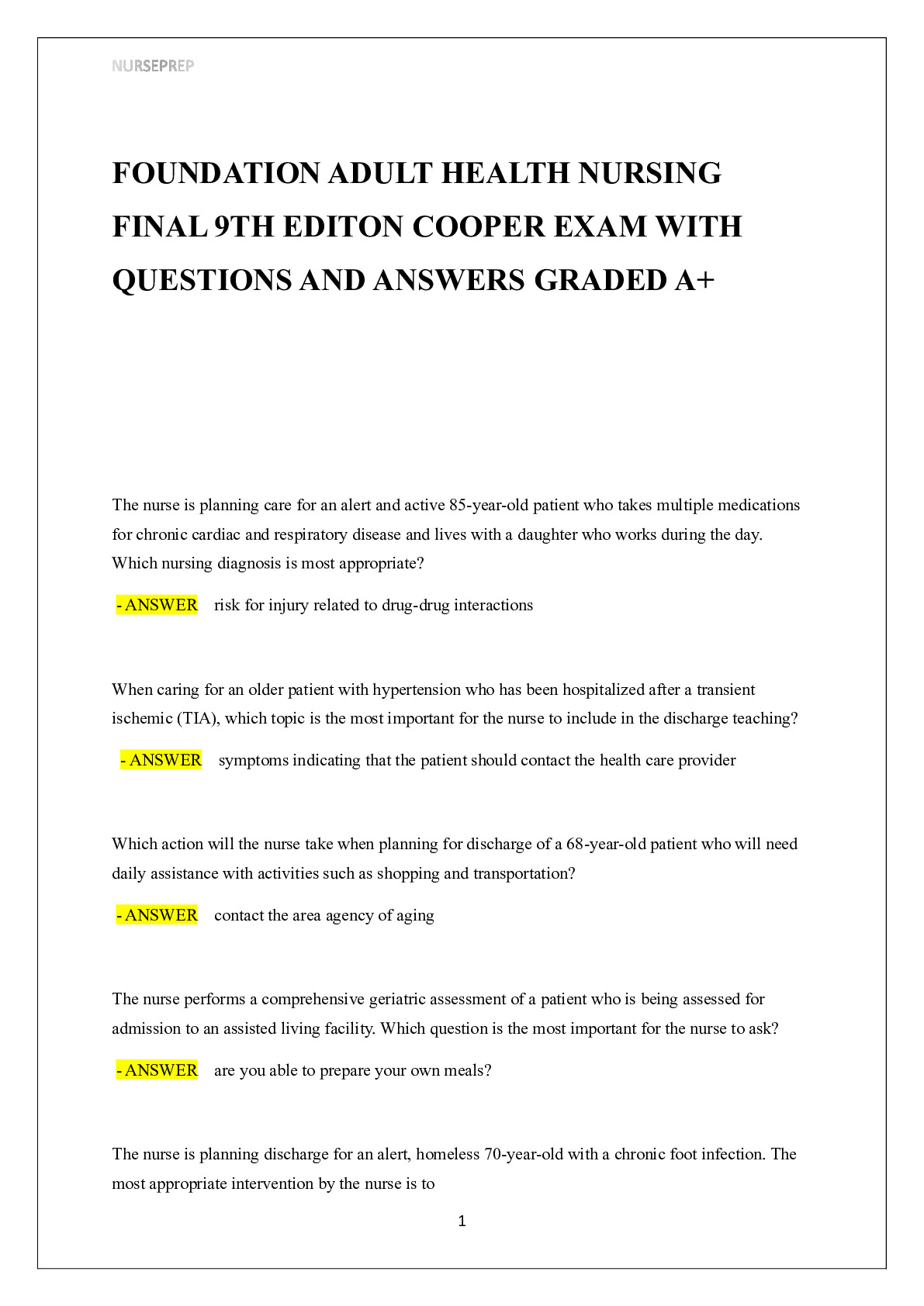 Foundation adult health nursing final 9th edition cooper exam verified