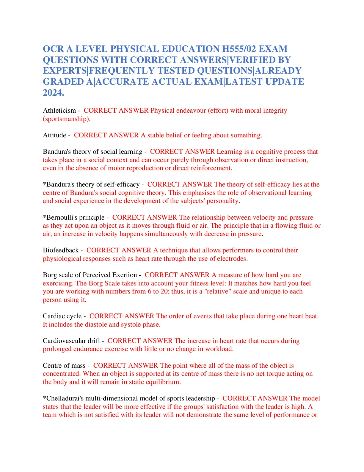 OCR A LEVEL PHYSICAL EDUCATION H555/02 EXAM QUESTIONS WITH CORRECT ...