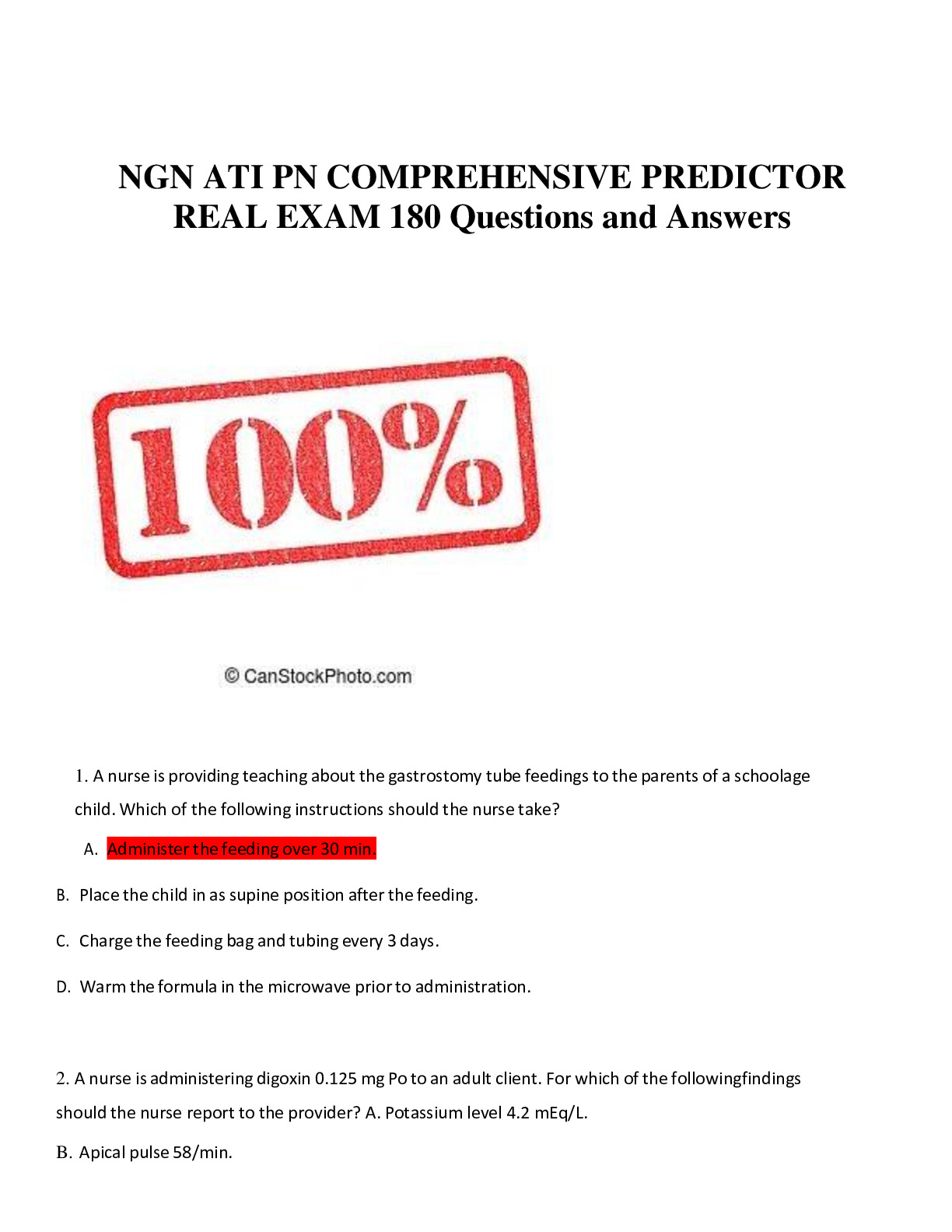 NGN ATI PN COMPREHENSIVE PREDICTOR REAL EXAM 180 Questions and Answers