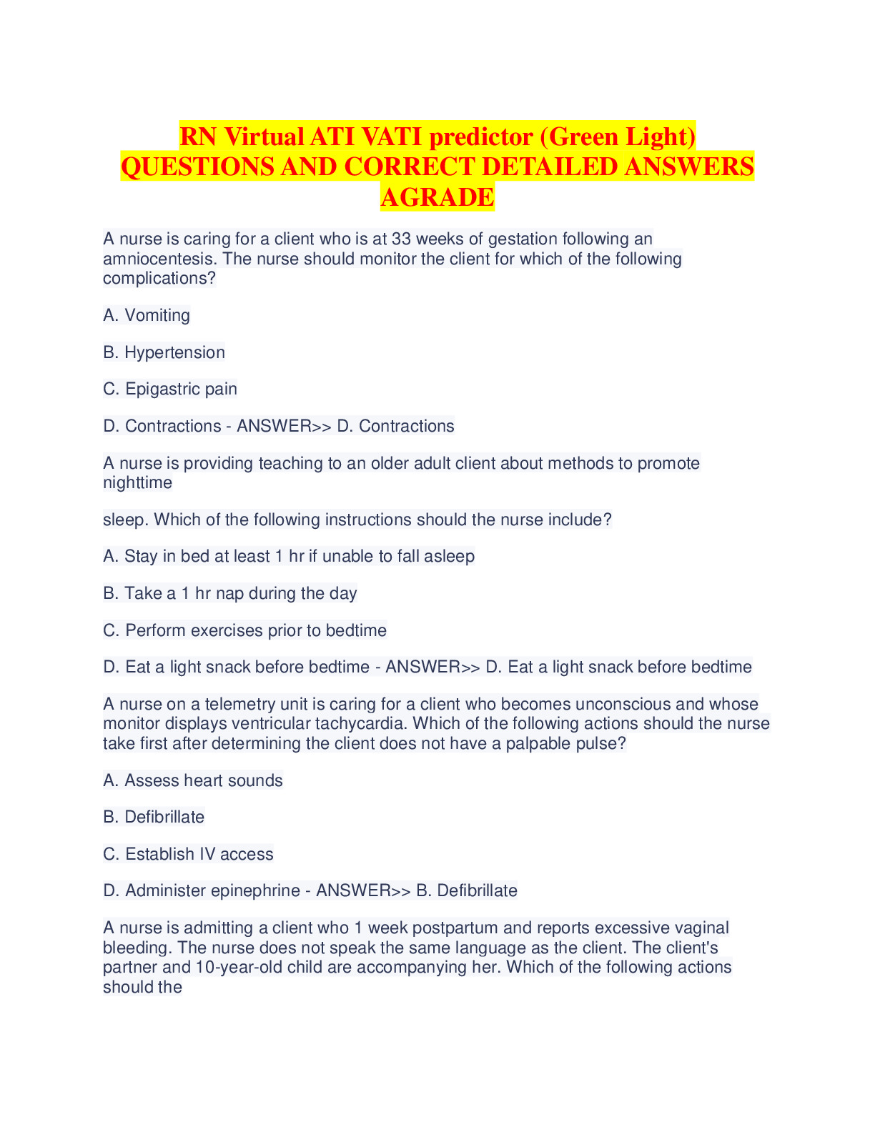 RN Virtual ATI VATI predictor (Green Light) QUESTIONS AND CORRECT DETAILED ANSWERS AGRADE