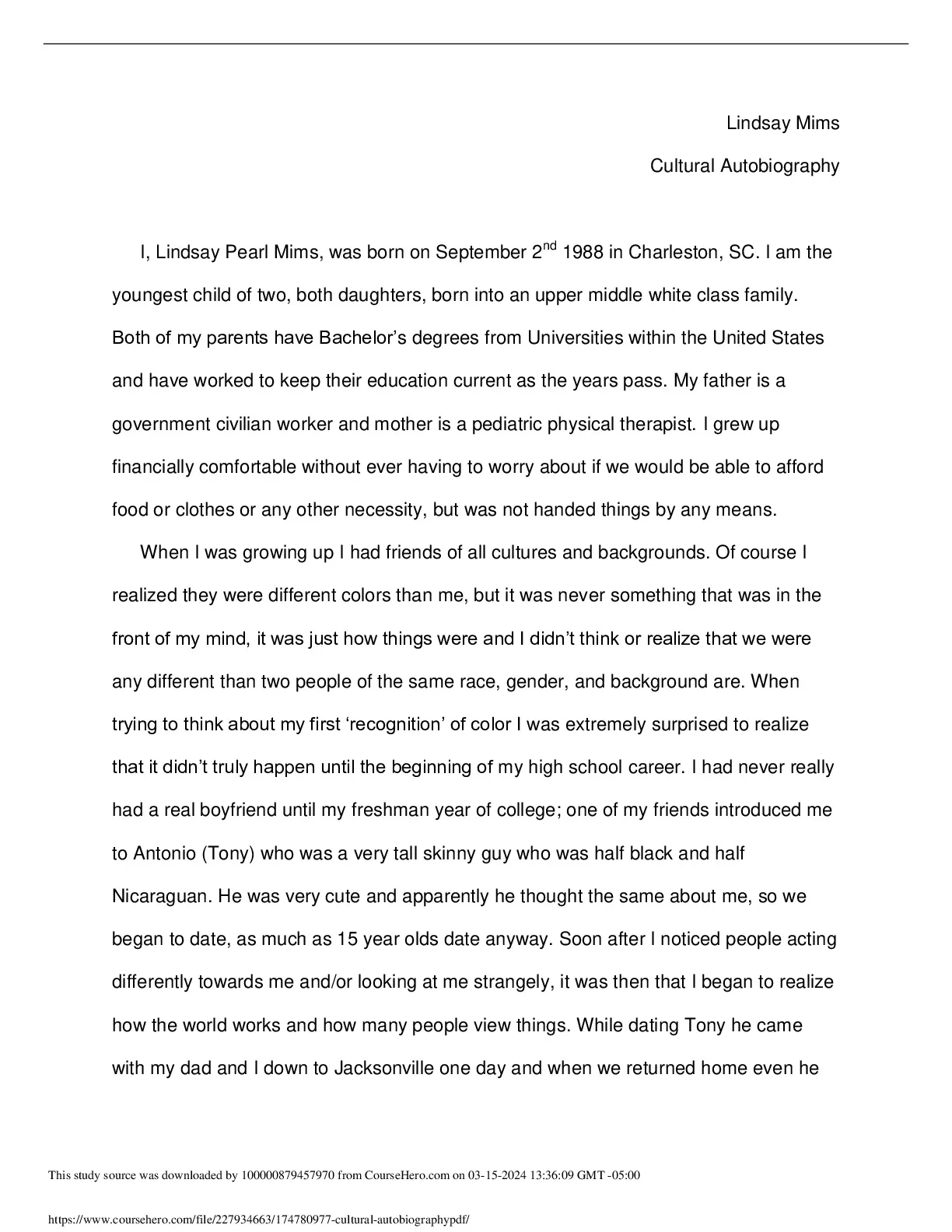 cultural autobiography - Lindsay Mims