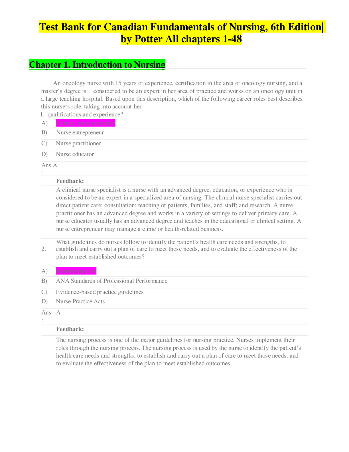 Canadian Fundamentals of Nursing 6th Edition Test Bank – All Chapters by Potter