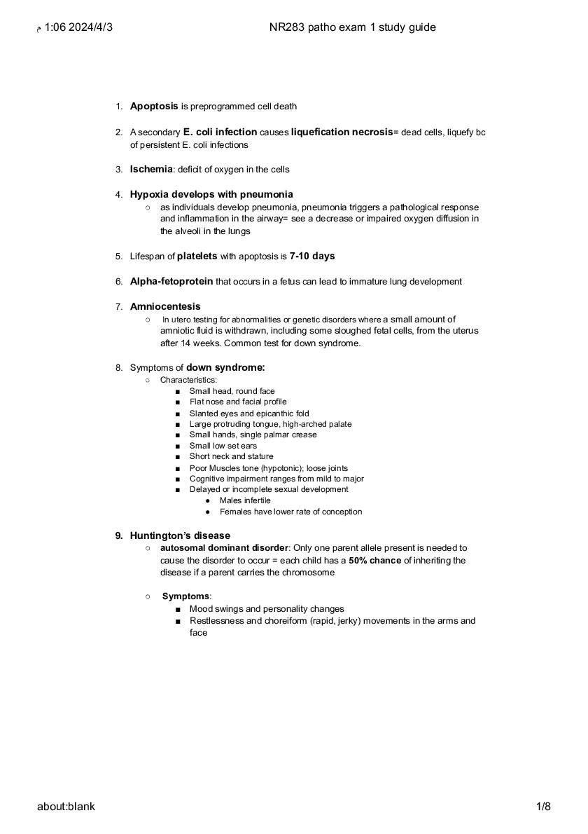 NR283 patho exam 1 study guide