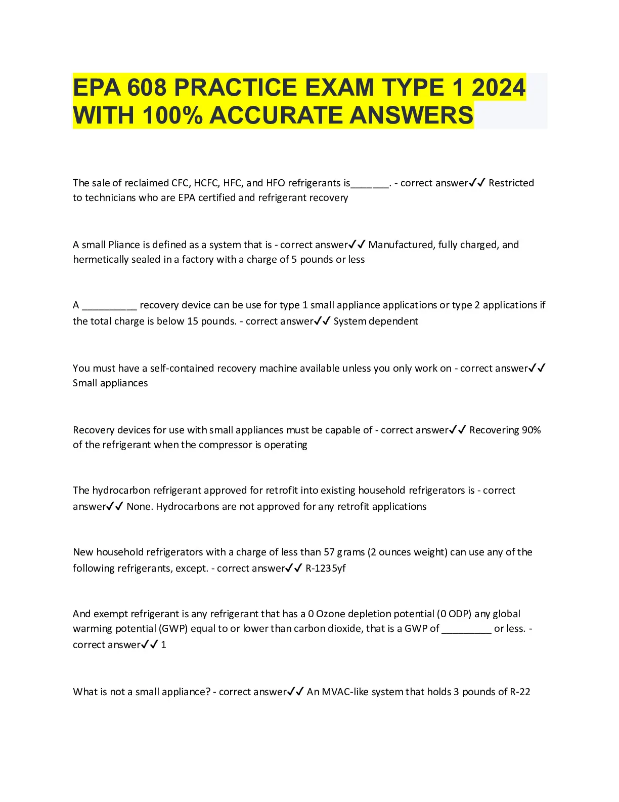 EPA 608 PRACTICE EXAM TYPE 1 2024 WITH 100% ACCURATE ANSWERS - DocMerit