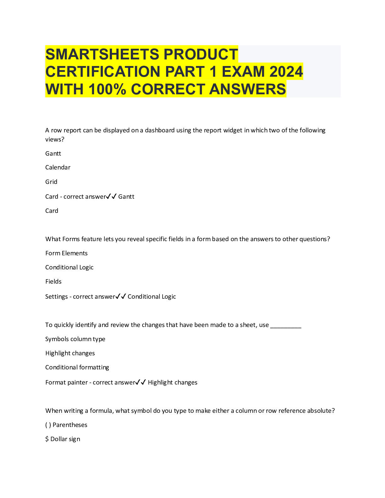 SMARTSHEETS PRODUCT CERTIFICATION PART 1 EXAM 2024 WITH 100% CORRECT ...