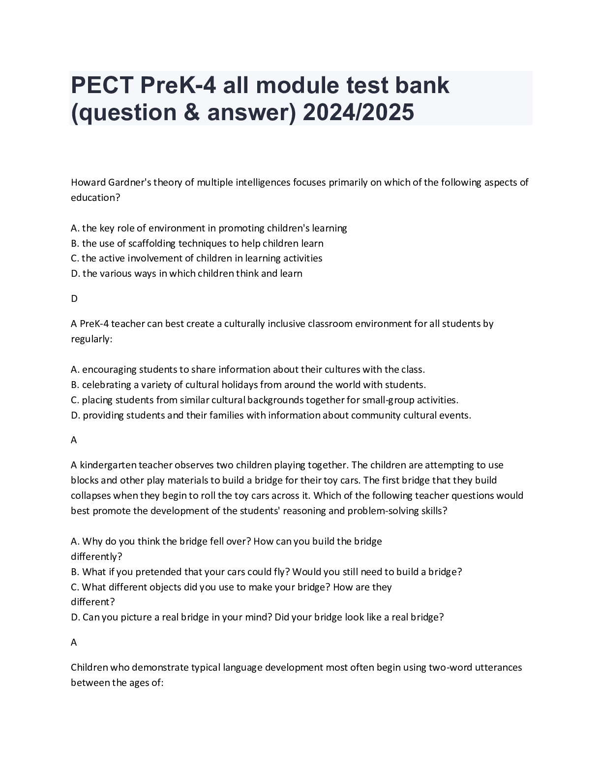 PECT PreK-4 Module 3 Sample questions & correct answer 2024. - DocMerit