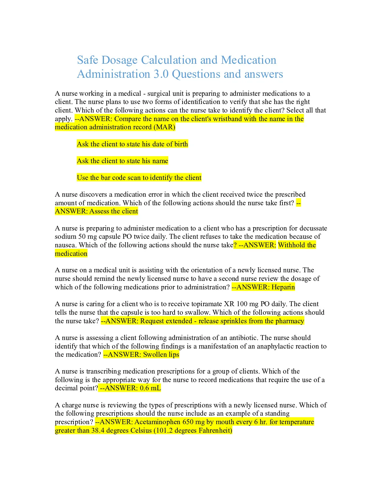 Safe Dosage Calculation and Medication Administration 3.0 Questions and ...