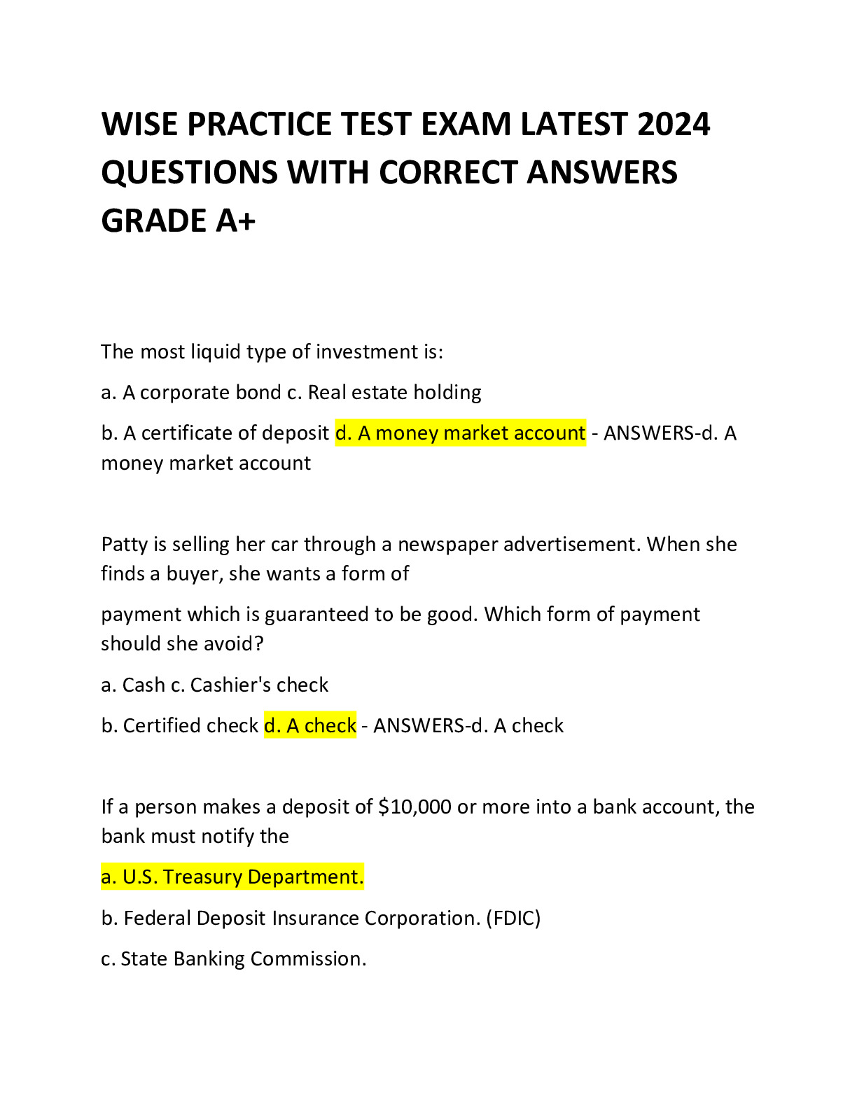 WISE PRACTICE TEST EXAM LATEST 2024 QUESTIONS WITH CORRECT ANSWERS ...