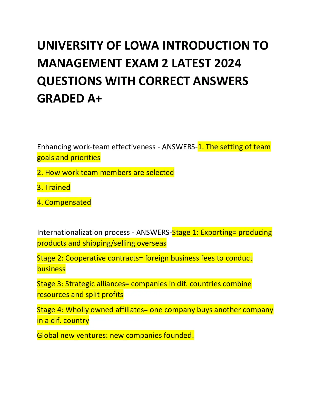UNIVERSITY OF LOWA INTRODUCTION TO MANAGEMENT EXAM 2 LATEST 2024 ...