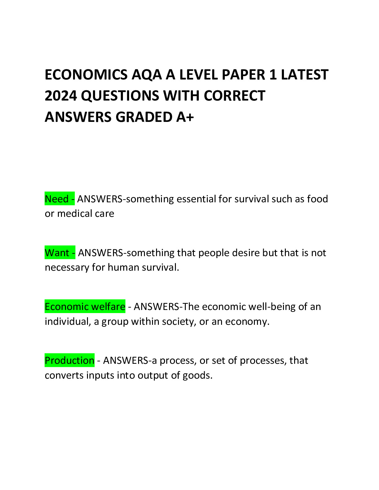 ECONOMICS AQA A LEVEL PAPER 1 LATEST 2024 QUESTIONS WITH CORRECT ...