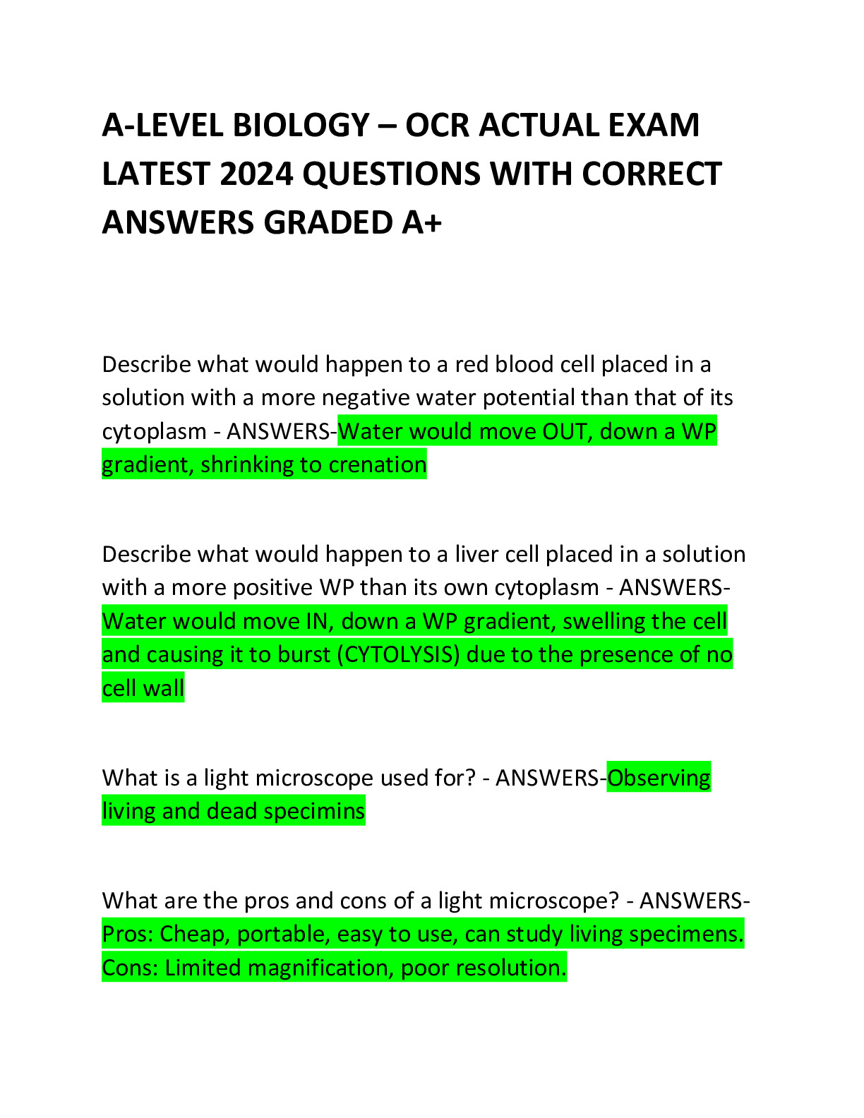 A-LEVEL BIOLOGY – OCR ACTUAL EXAM LATEST 2024 QUESTIONS WITH CORRECT ...