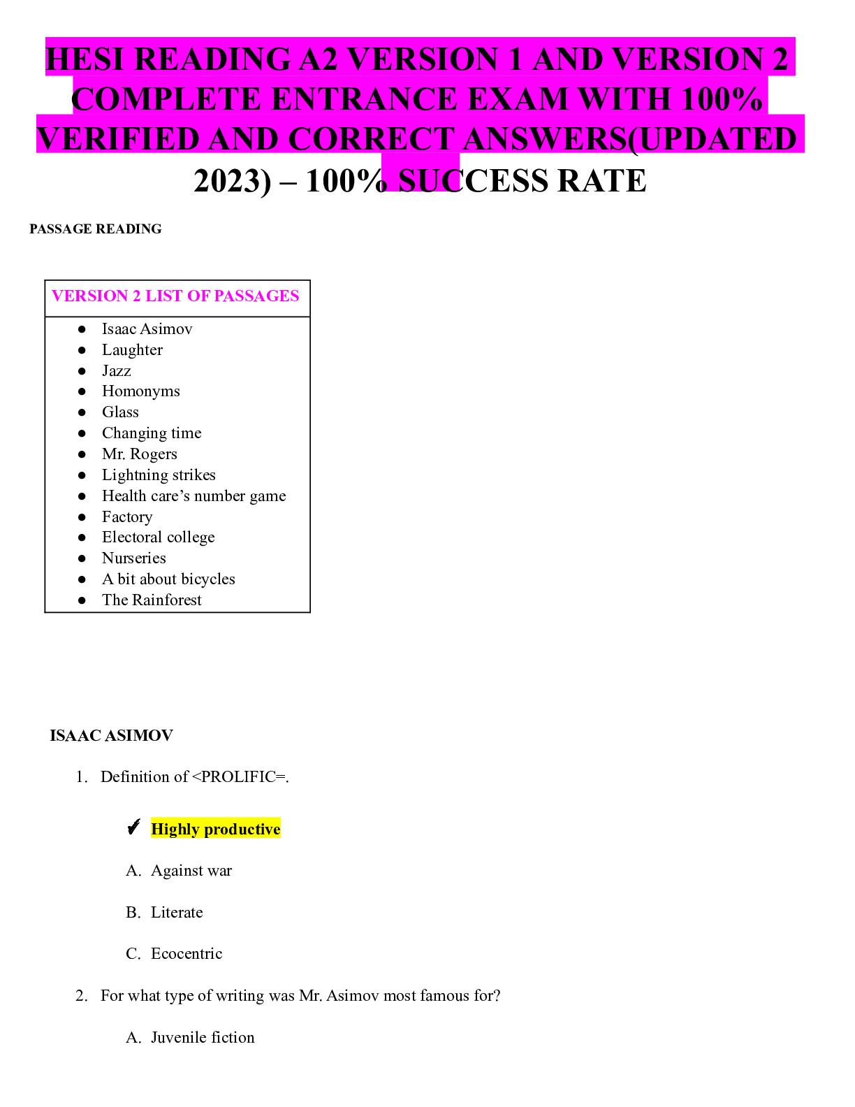 HESI READING A2 VERSION 1 AND VERSION 2  COMPLETE ENTRANCE EXAM WITH 100%  VERIFIED AND CORRECT