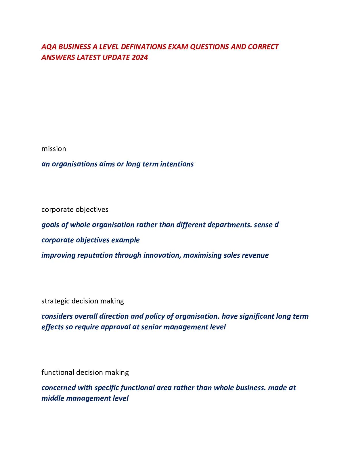 AQA BUSINESS A LEVEL DEFINATIONS EXAM QUESTIONS AND CORRECT ANSWERS ...