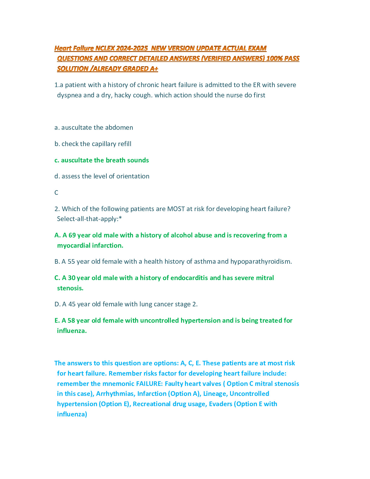 Heart Failure NCLEX 2024-2025 NEW VERSION UPDATE ACTUAL EXAM QUESTIONS ...