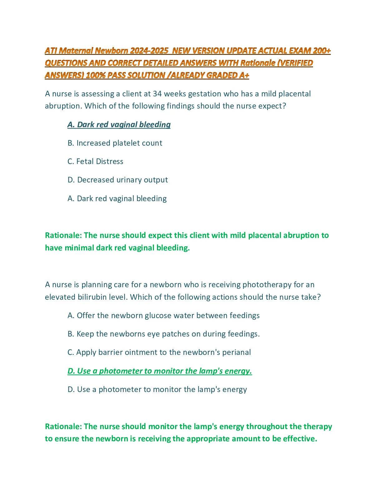 ATI Maternal Newborn 2024-2025 NEW VERSION UPDATE 200+ QUESTIONS AND ...