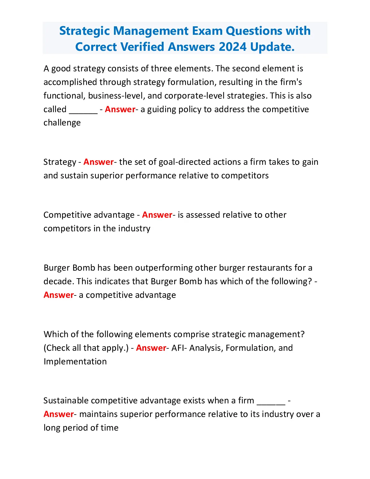 Strategic Management Exam Questions with - DocMerit